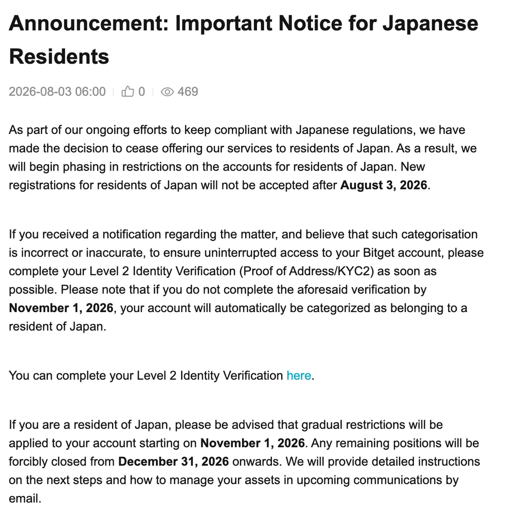Pengumuman resmi Bitget untuk penduduk Jepang tertanggal 3 Agustus 2026