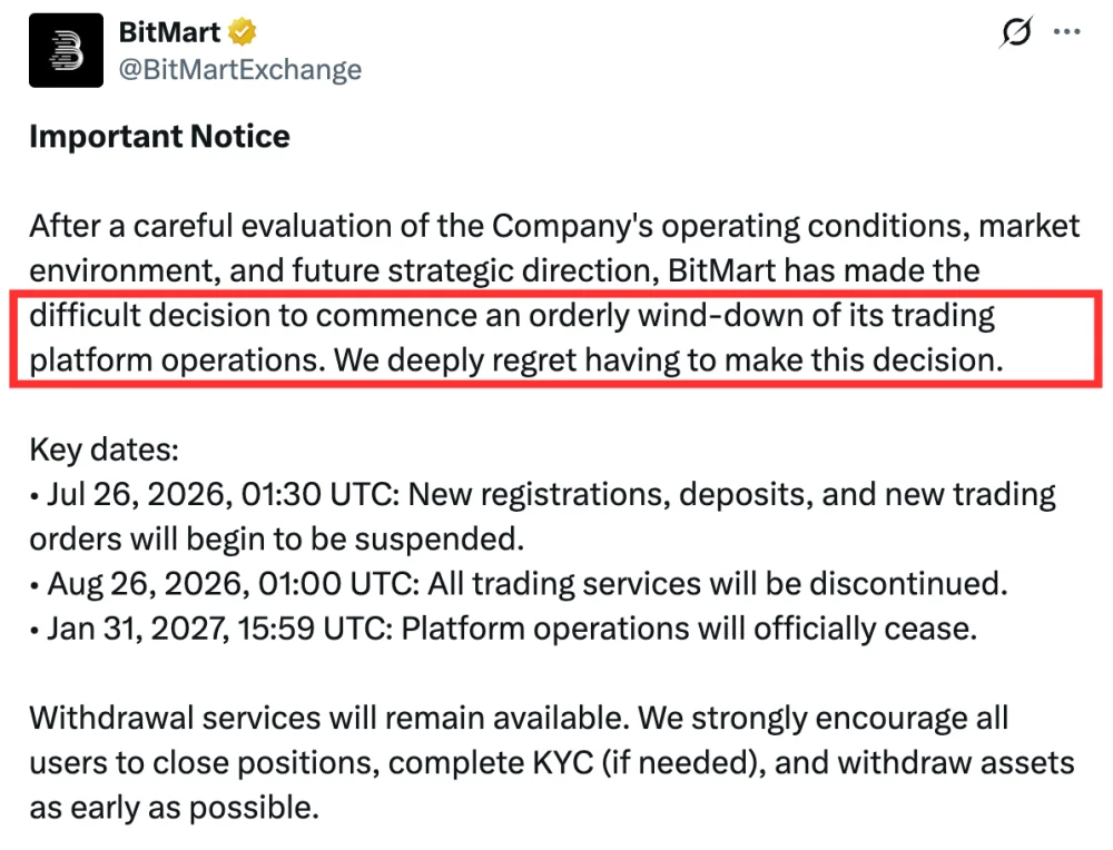 BitMart's shutdown announcement on X, 26 July 2026