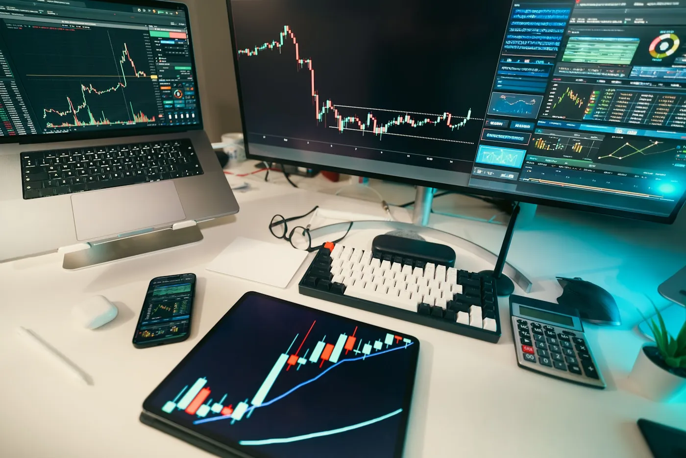 Puesto de trading en real con varias pantallas tras la fase demo