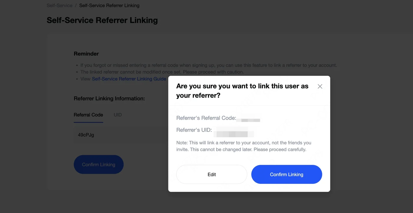 MEXC confirmation dialog showing the referrer's code and UID before linking