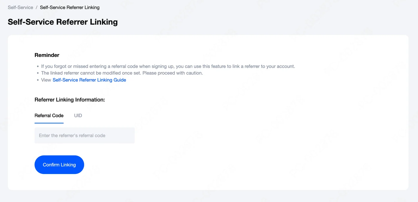 MEXC Self-Service Referrer Linking form with the Referral Code and UID tabs