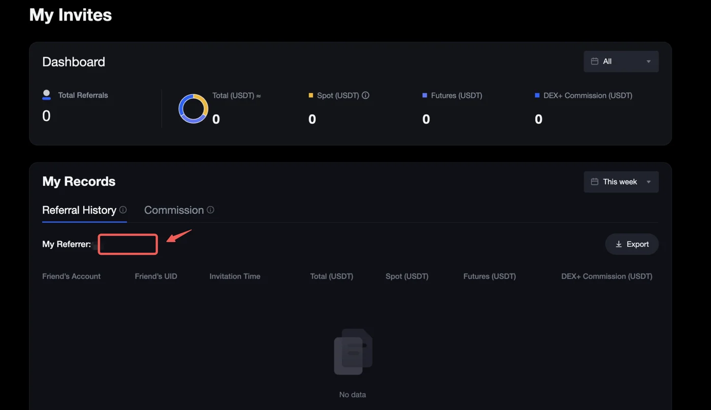 MEXC My Invites page with the My Referrer field highlighted