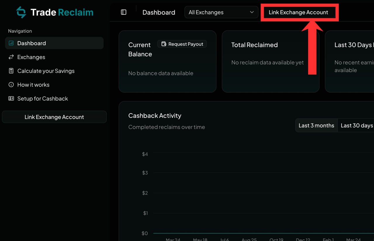 Trade Reclaim dashboard with the Link Exchange Account button in the top right